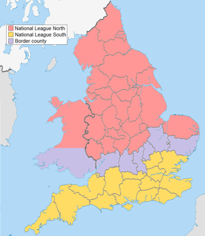 map showing national league north and south and borders split